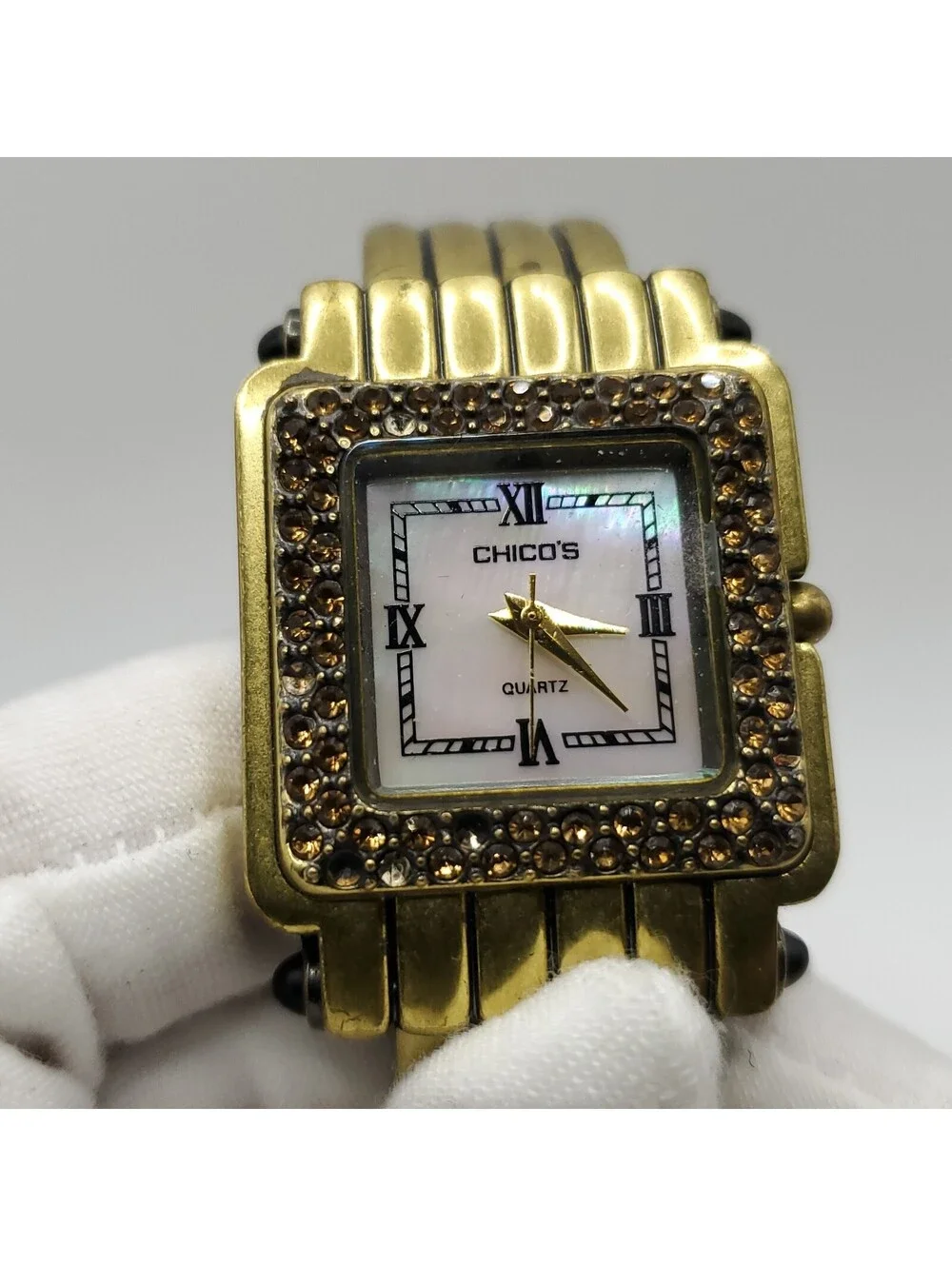 Chico's Cuff Band Gem Bezel Womens Watch 28mm MOP Dial New Battery